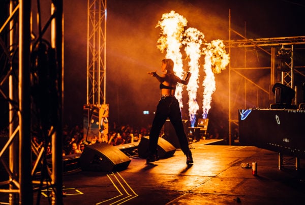 Maddy V commanding the stage with fiery pyrotechnics at Balter Festival.